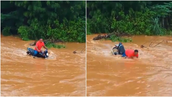 Vídeo: Motociclista é arrastado por correnteza e fica submerso ao tentar atravessar rua alagada