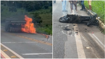 Vídeo: Moto pega fogo após colisão com caminhão no Interior do Ceará