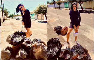 Influenciadora desfila entre sacos de lixo para denunciar falta de coleta em Aquiraz