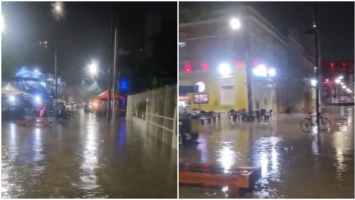 Praça no entorno do Dragão do Mar fica alagada após fortes chuvas em Fortaleza neste sábado (16)